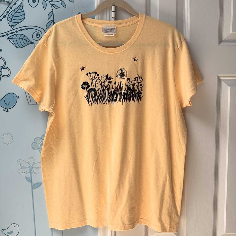 Vintage Top Stitch By Morning Sun Embroidered Floral Ladybugs T-Shirt Women's XL